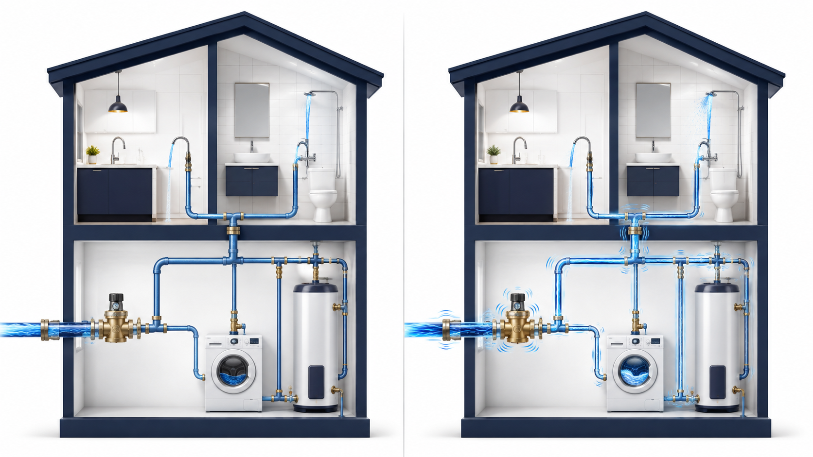Diagram comparing regulated household water pressure with excessive incoming water pressure
