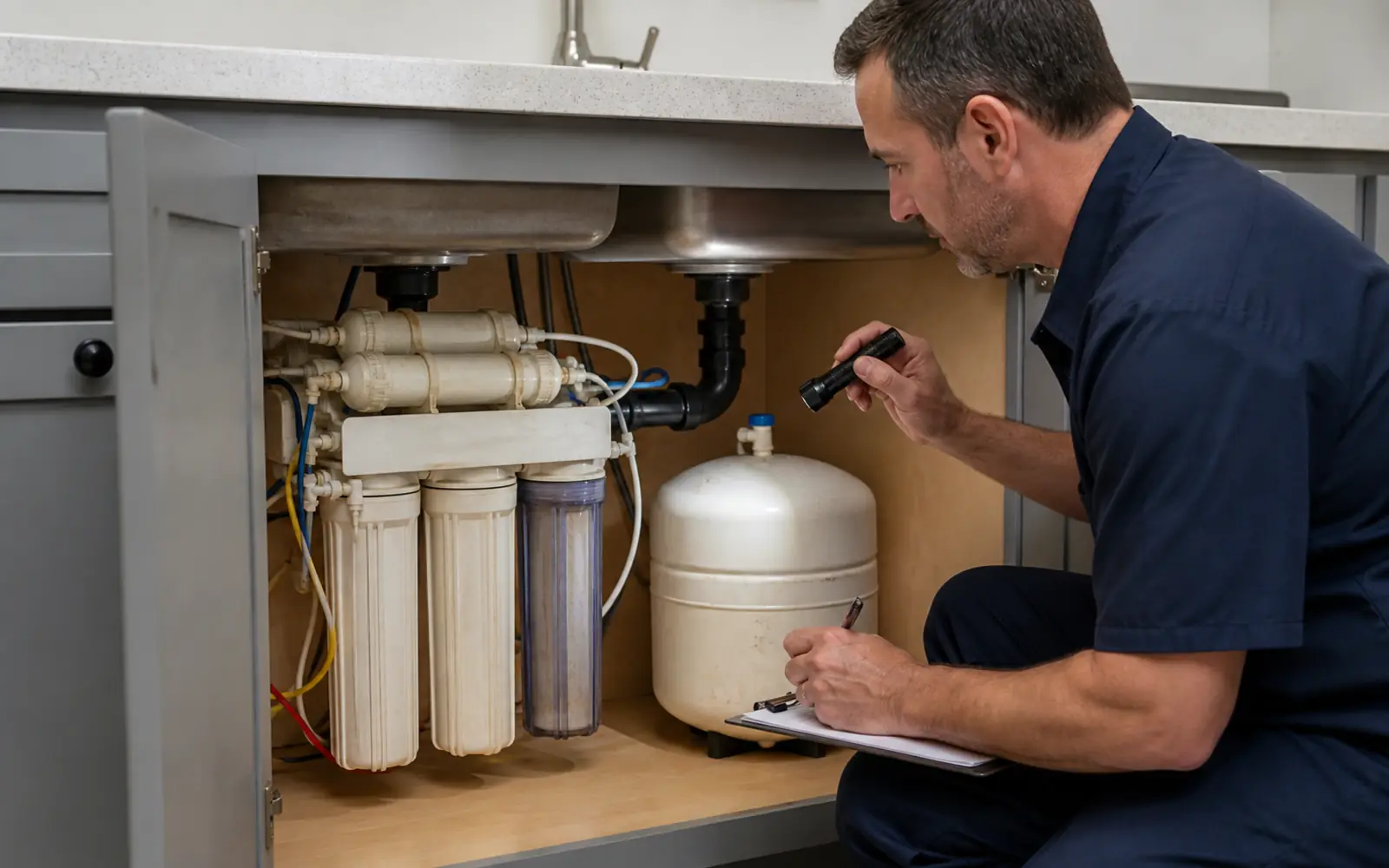 Technician inspecting an older under-sink reverse osmosis system