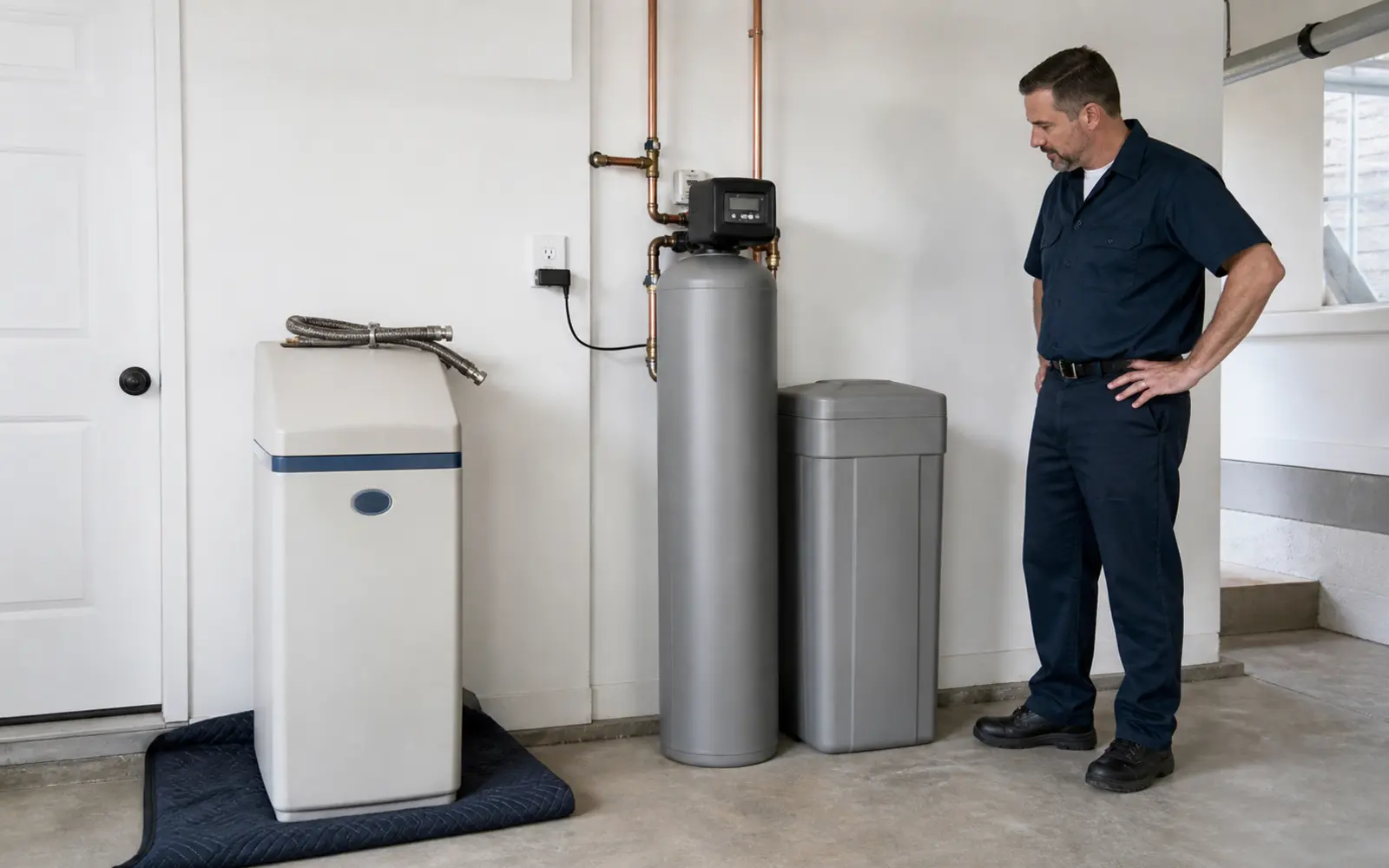Older water softener being replaced with a professionally installed water treatment system