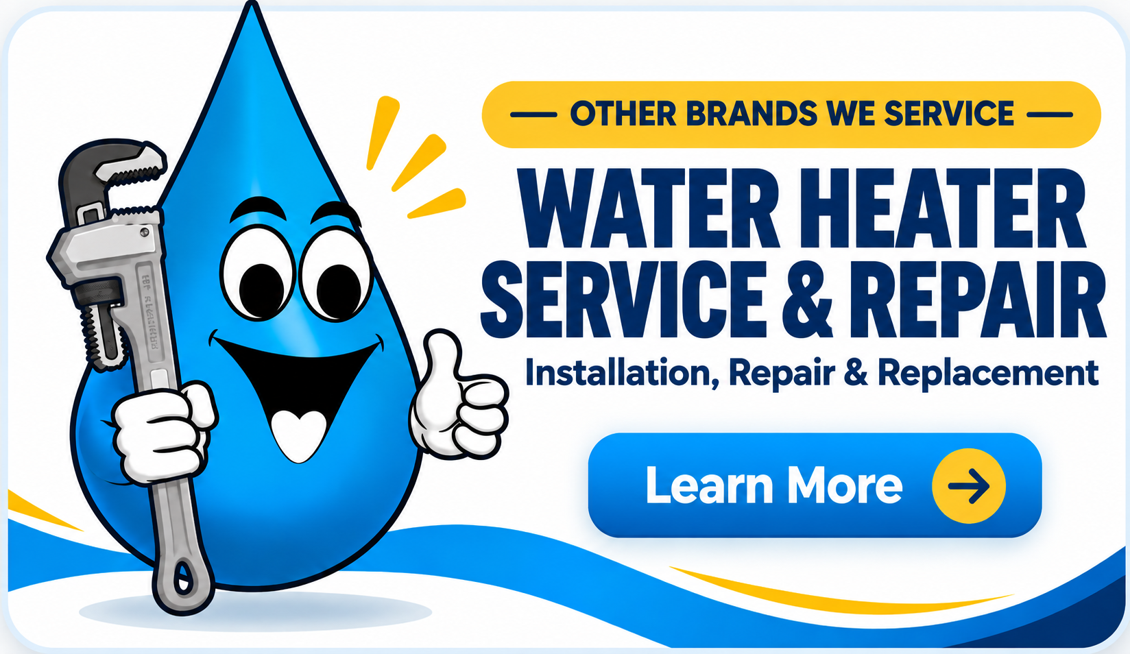 Water Fixers mascot promoting water heater service and repair for other brands