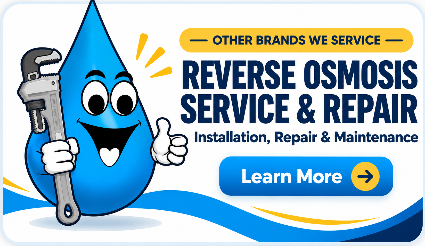 Water Fixers mascot promoting reverse osmosis service and repair for other brands