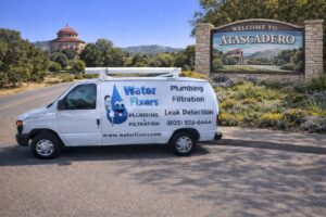 Water Fixers service van near the Atascadero welcome sign