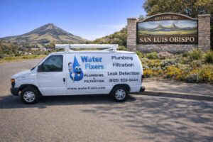 Water Fixers service van near the San Luis Obispo welcome sign