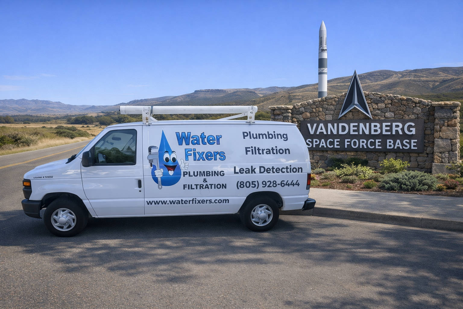 Water Fixers service van near the Vandenberg sfb welcome sign