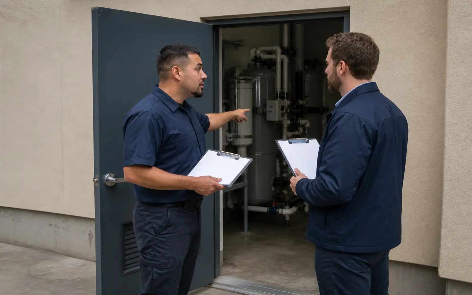 Technician reviewing plumbing and water treatment needs with a property manager