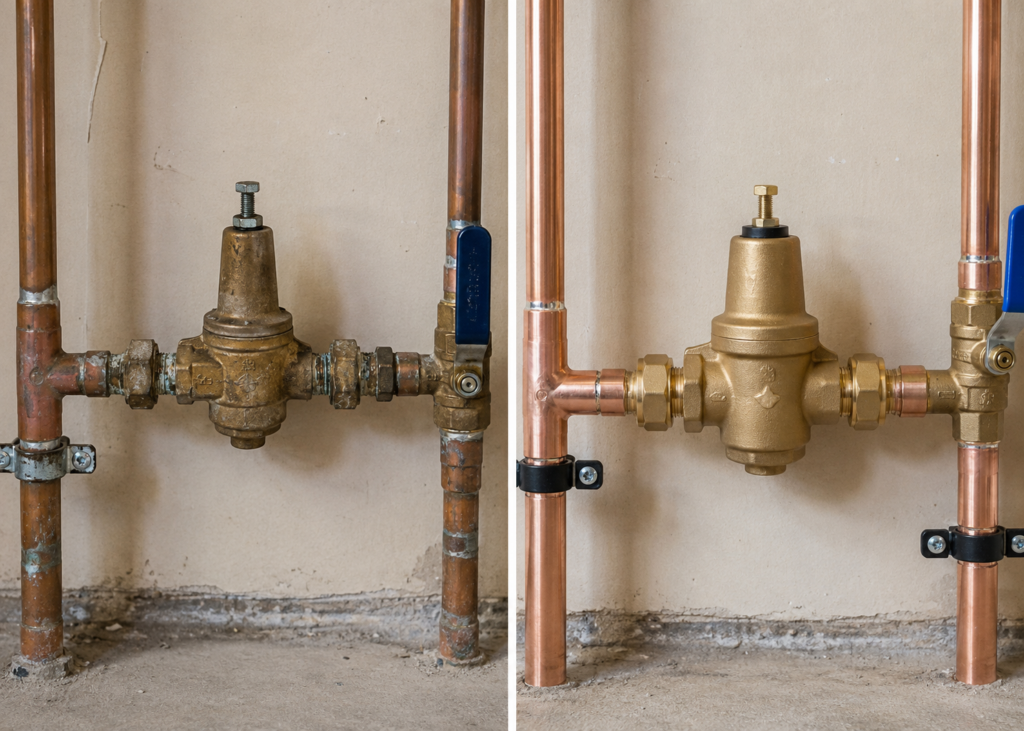 Before-and-after comparison of a residential water pressure regulator replacement