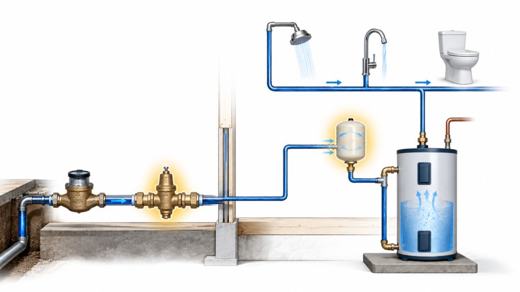 Diagram showing the relationship between a pressure regulator and thermal expansion tank