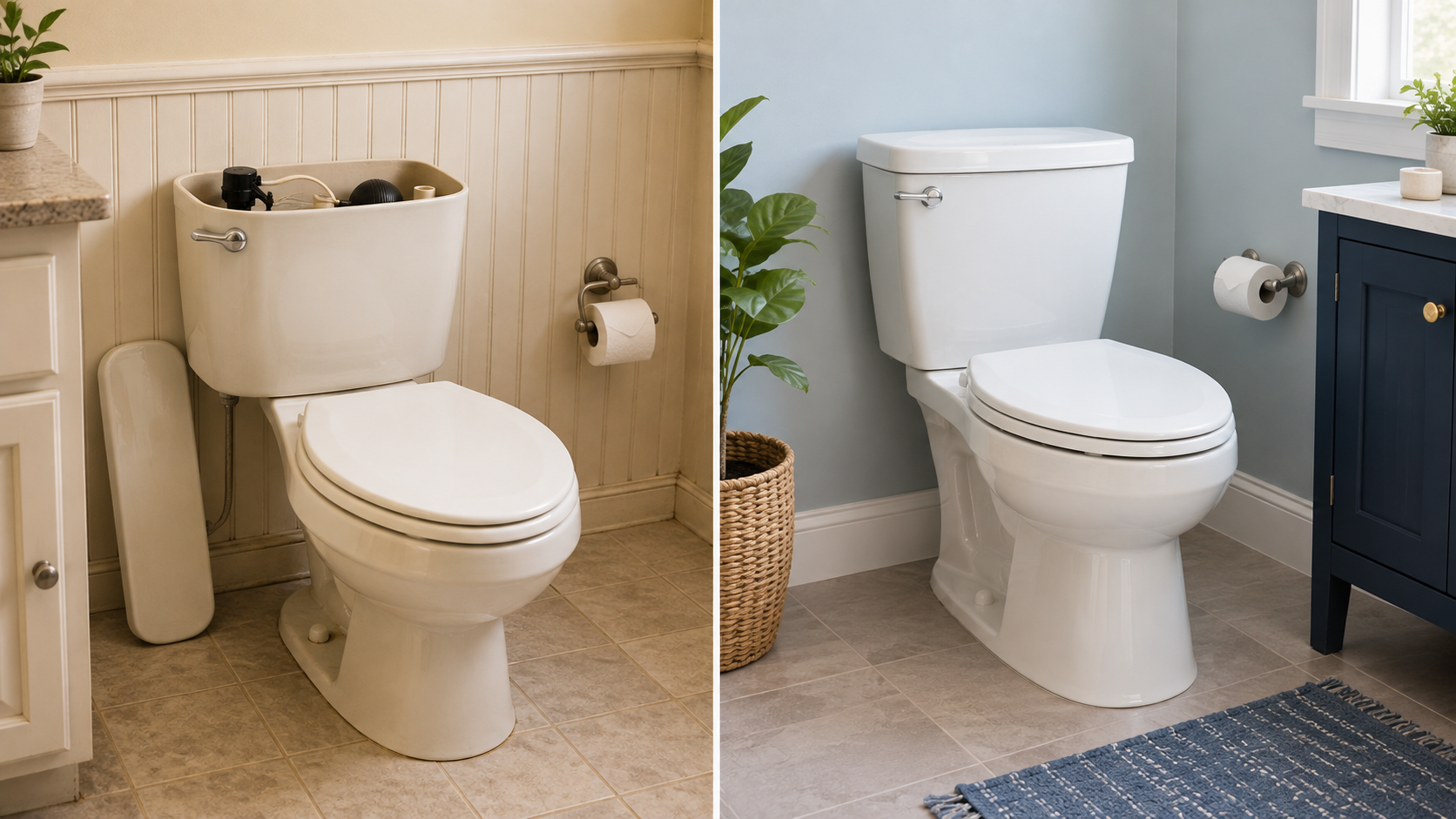 Older residential toilet compared with a modern toilet for evaluating toilet repair versus replacement