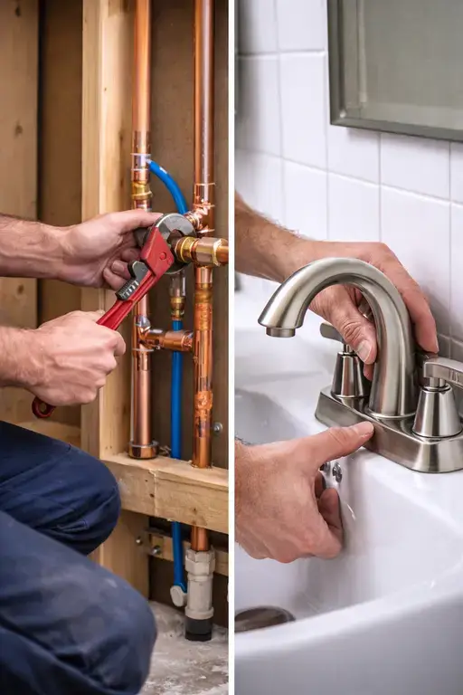 Plumber working on copper pipes and a sink faucet