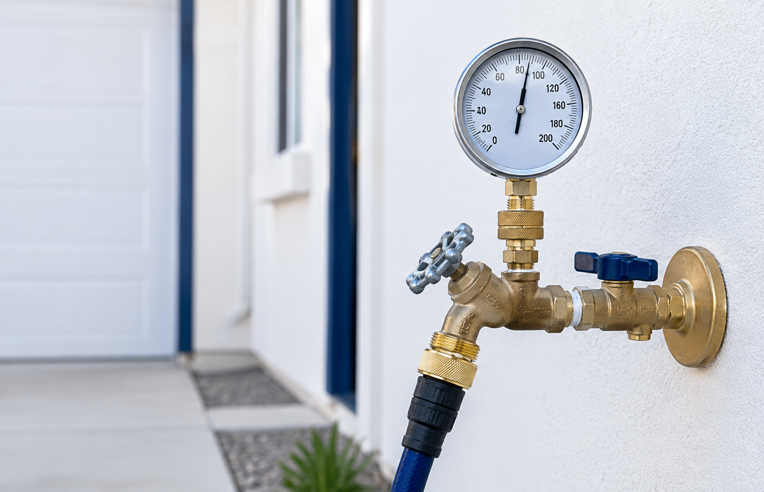 Residential water pressure gauge connected to plumbing for a household pressure test