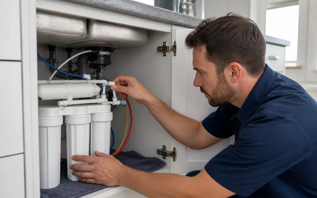 Technician inspecting a leaking connection on an under-sink reverse osmosis system