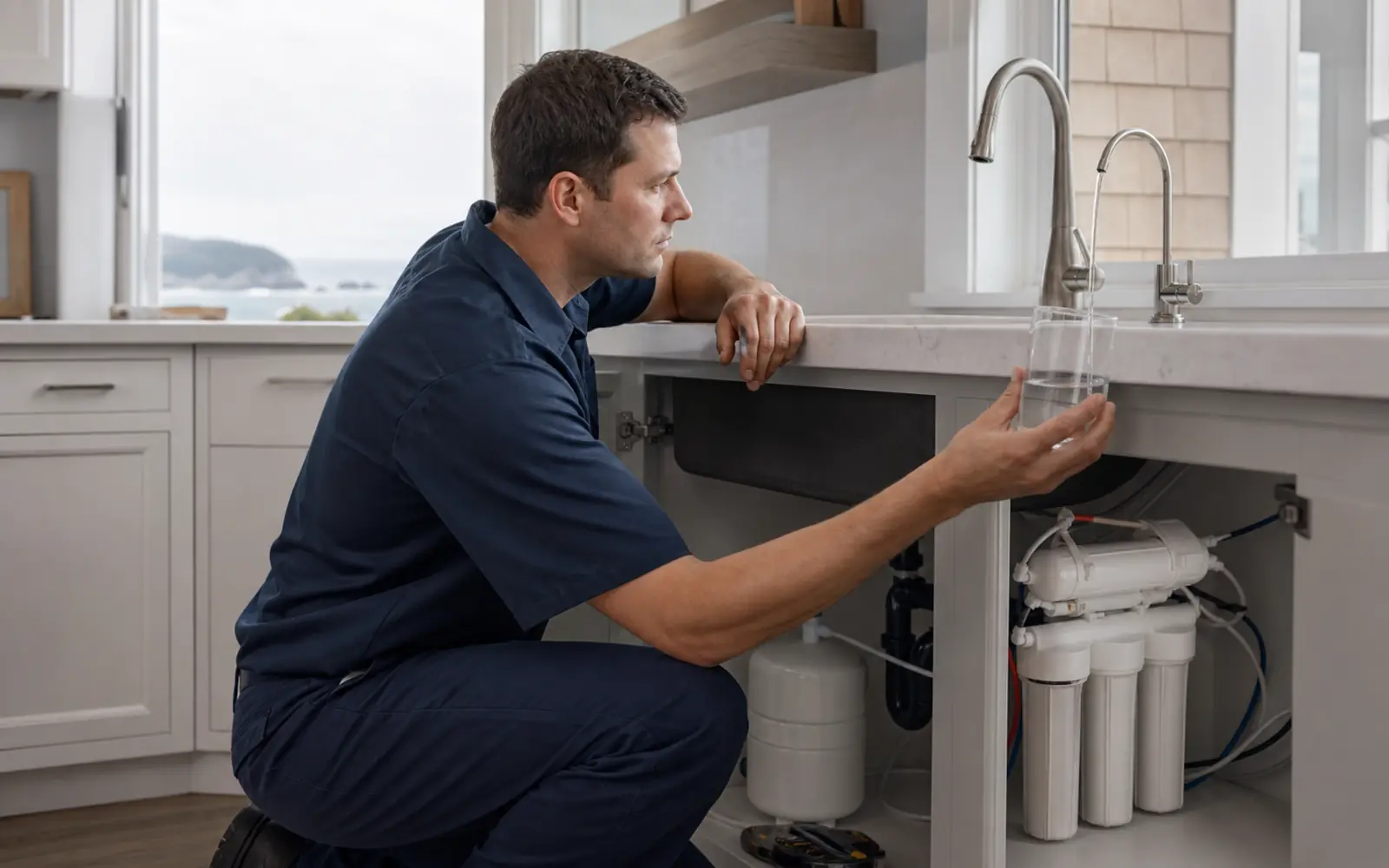 Technician diagnosing low water flow from a reverse osmosis drinking water faucet