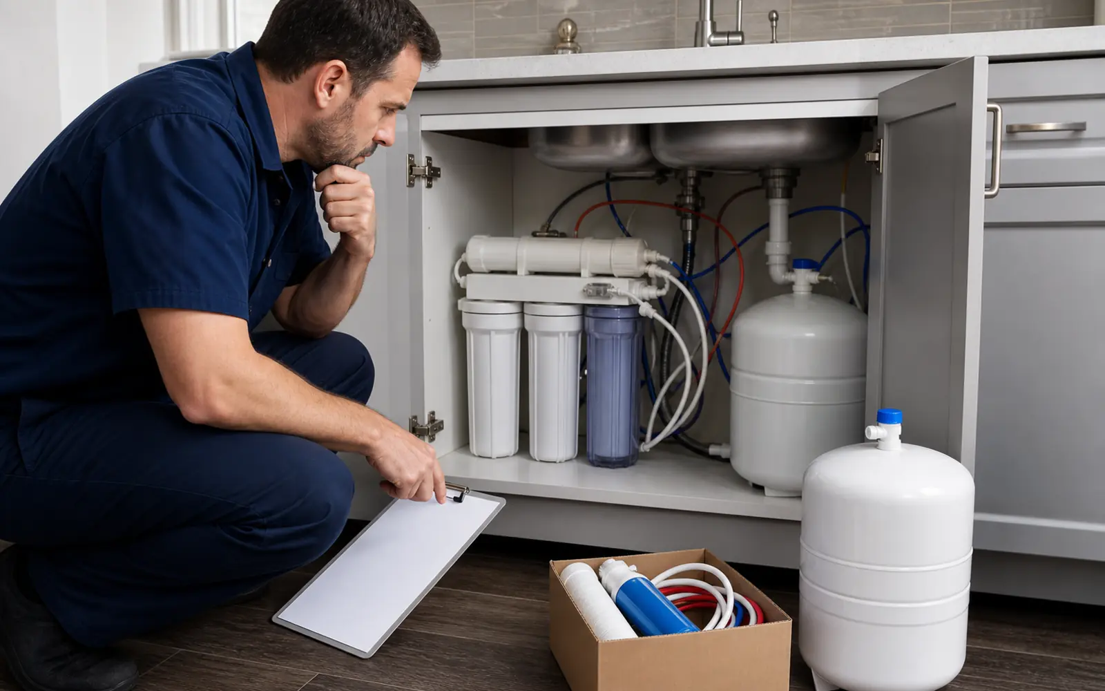 Technician evaluating whether an older reverse osmosis system should be repaired or replaced