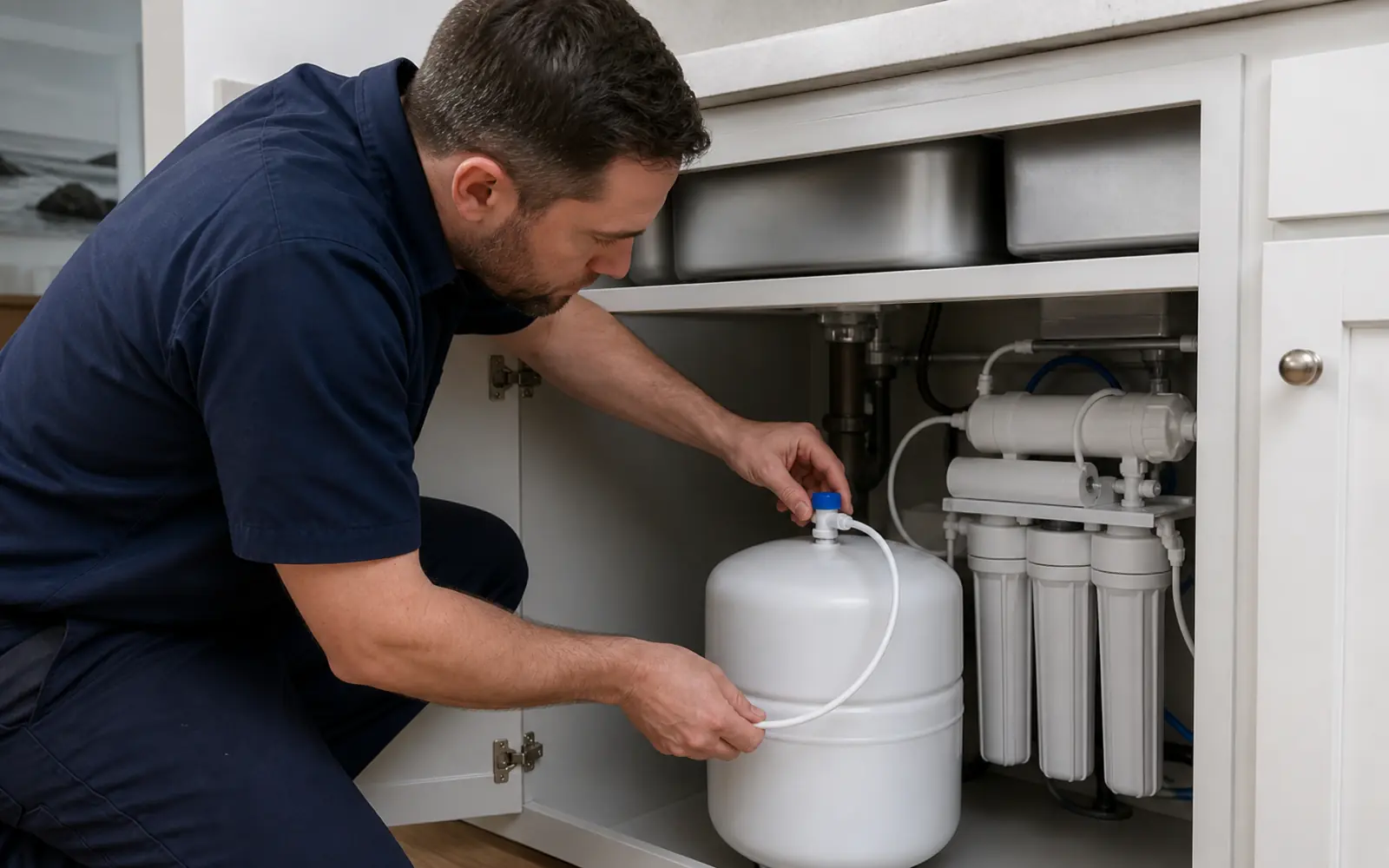Technician inspecting a reverse osmosis storage tank under a kitchen sink