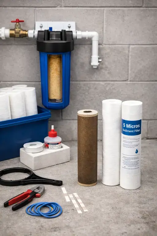 Reverse osmosis filter housings and replacement cartridges on a workbench