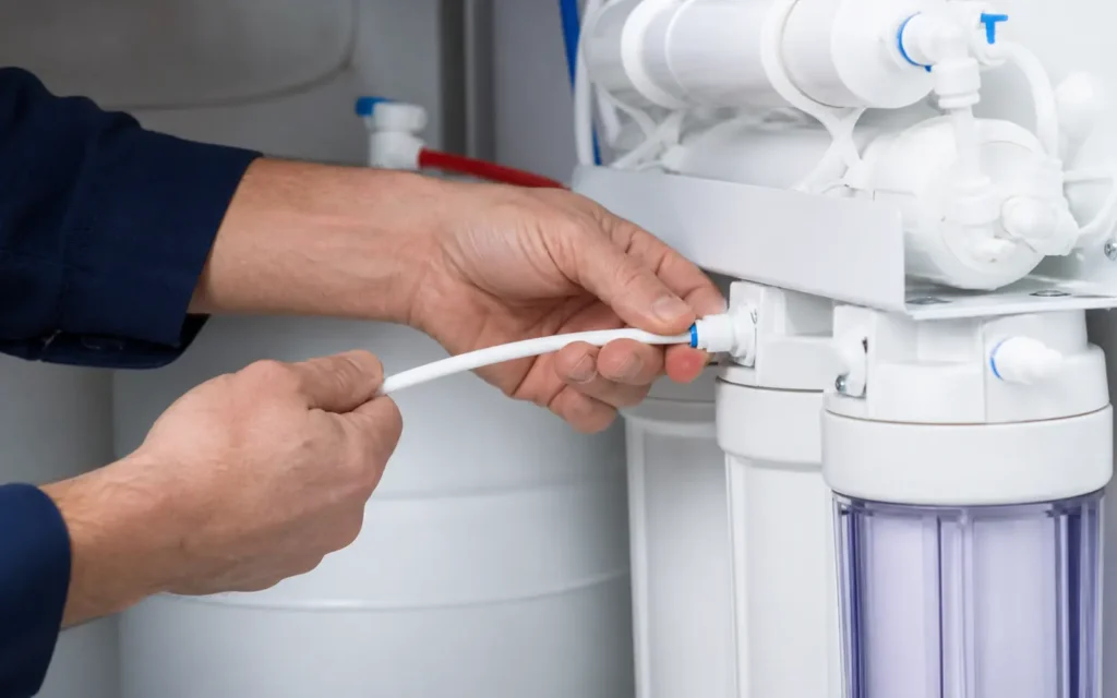 Technician servicing tubing and fittings on a reverse osmosis system