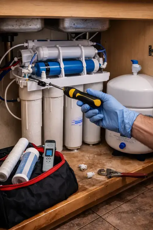 Technician servicing an under-sink reverse osmosis system