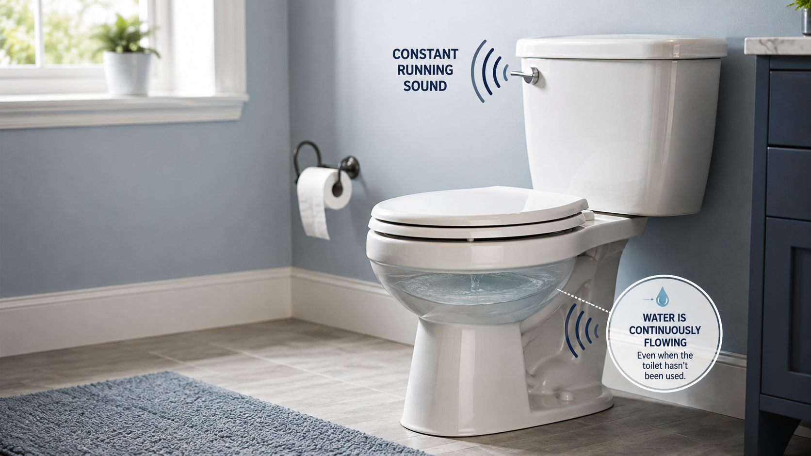Running toilet with continuous water flow and sound waves indicating an internal toilet leak