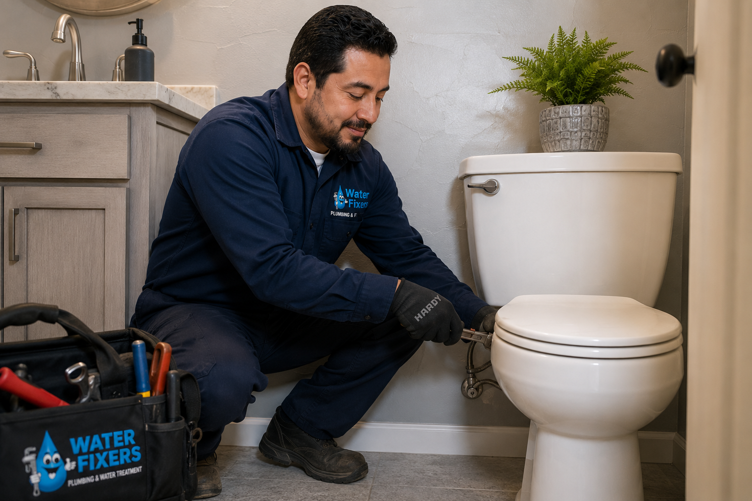 Water Fixers plumber servicing a fixture shutoff connection in San Luis Obispo, California