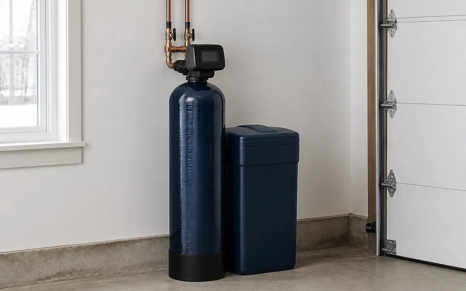 Professionally installed water softener with accessible control valve and separate brine tank