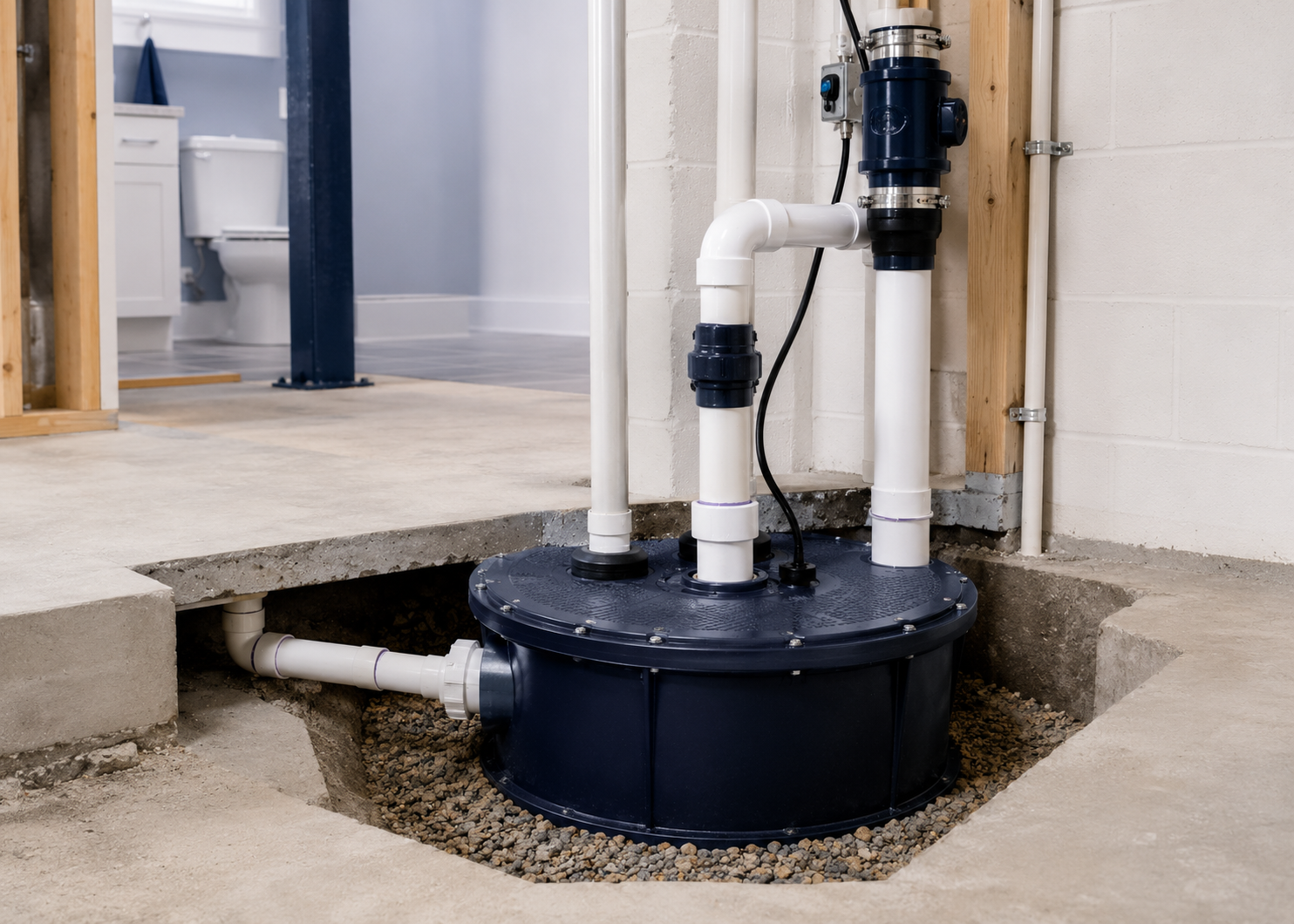 Residential sewage ejector basin installation with sealed lid, discharge piping and vent connection
