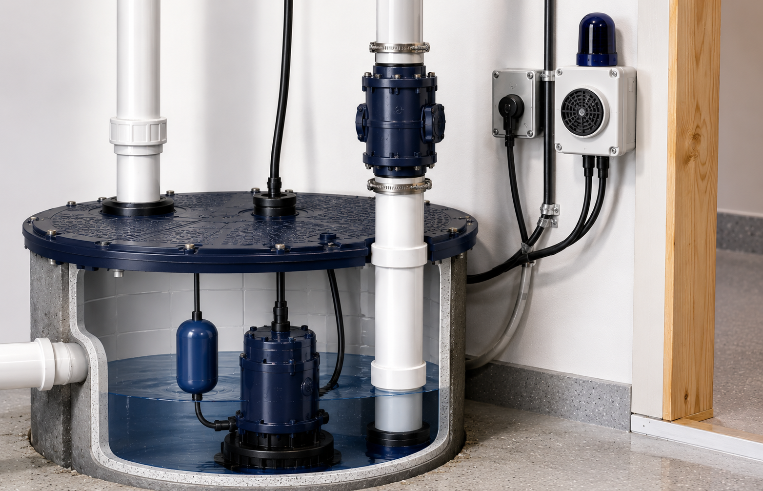 Residential sewage ejector system showing float switch, discharge check valve and high-water alarm components
