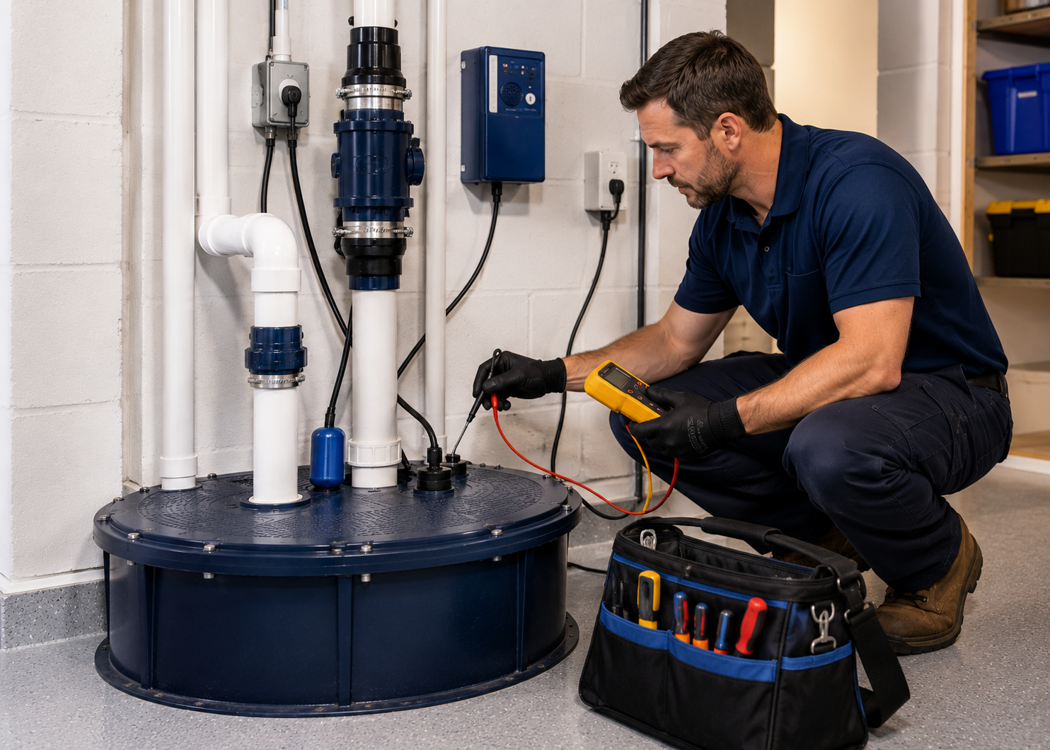Technician testing sewage ejector pump float, controls, alarm and discharge components
