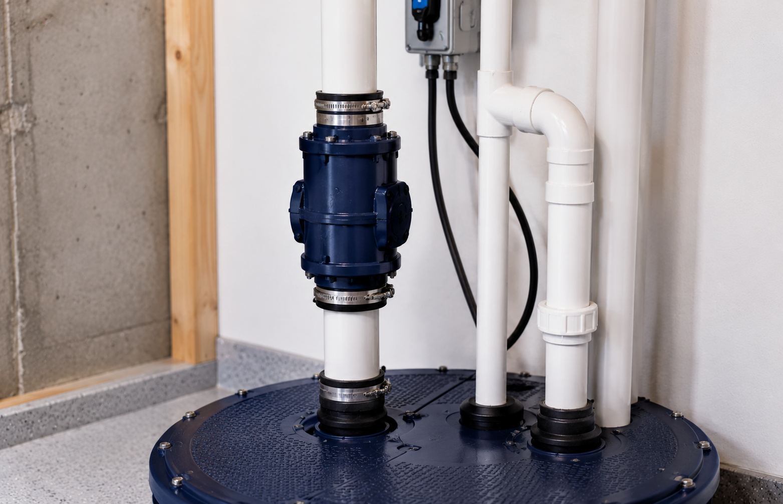 Sewage ejector pump discharge piping with check valve and separate vent connection