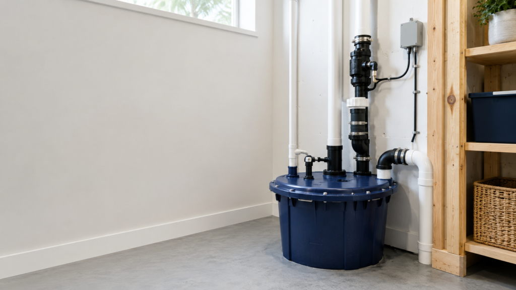 Residential sewage ejector pump basin and discharge piping installed for lower-level plumbing
