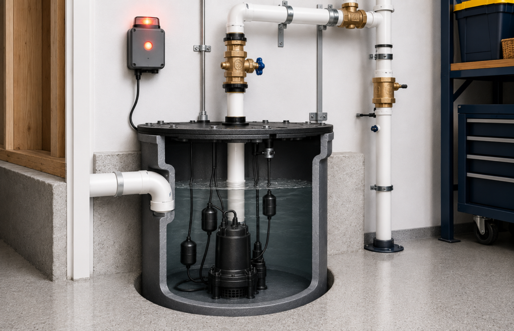 Sewage ejector pump high-water alarm and basin level warning system in a residential utility area