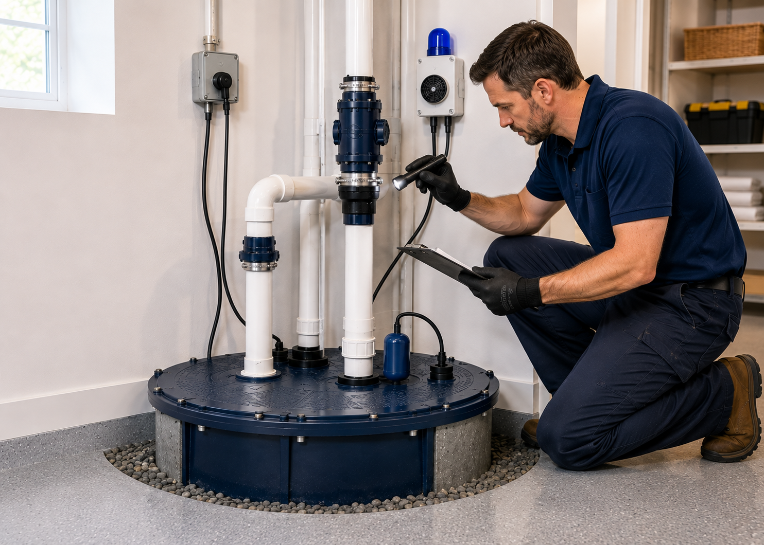 Professional inspection of a sealed sewage ejector basin, discharge piping, check valve and controls