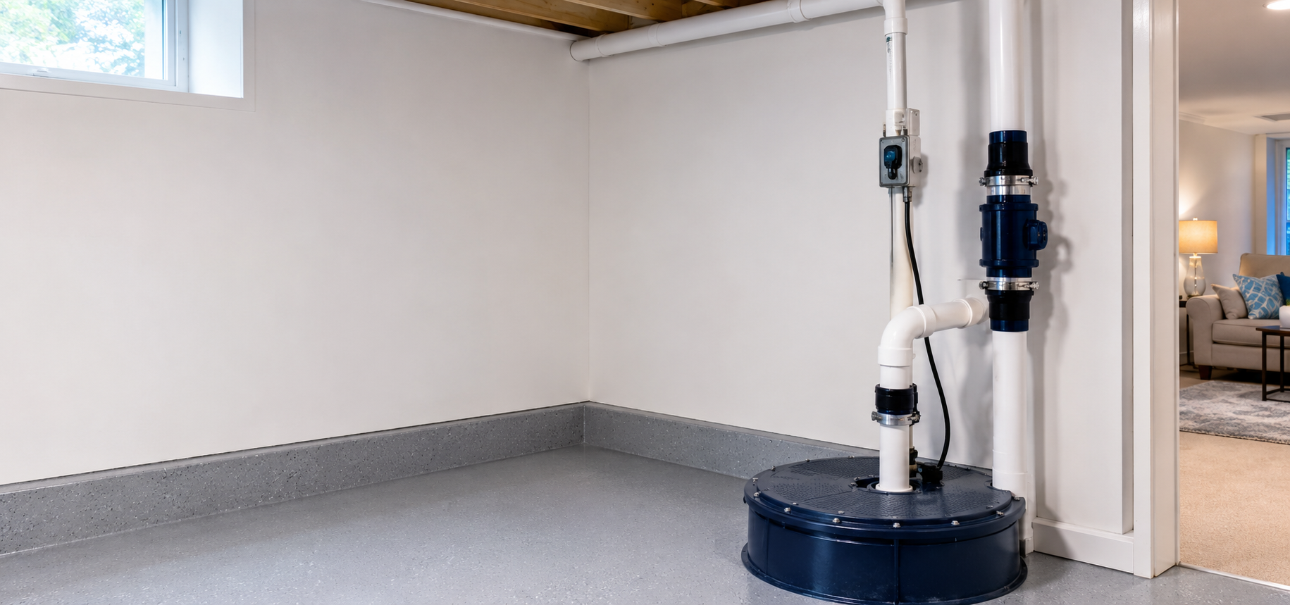 Professionally installed residential sewage ejector pump system with sealed basin and discharge piping