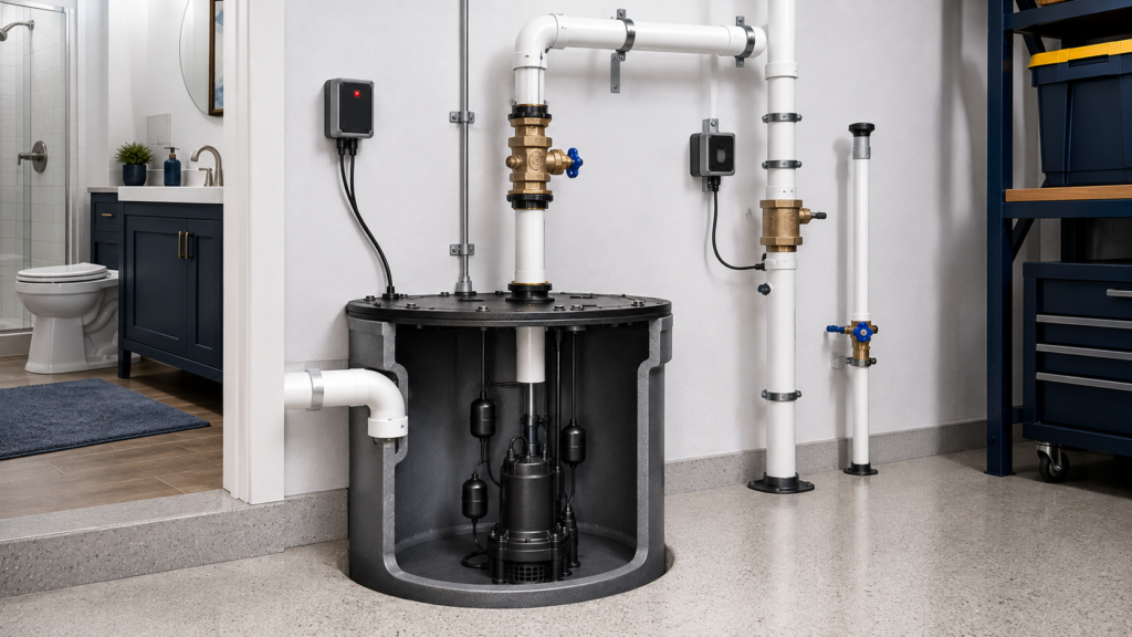 Sewage ejector pump installation with accessible valves, discharge piping, vent and controls
