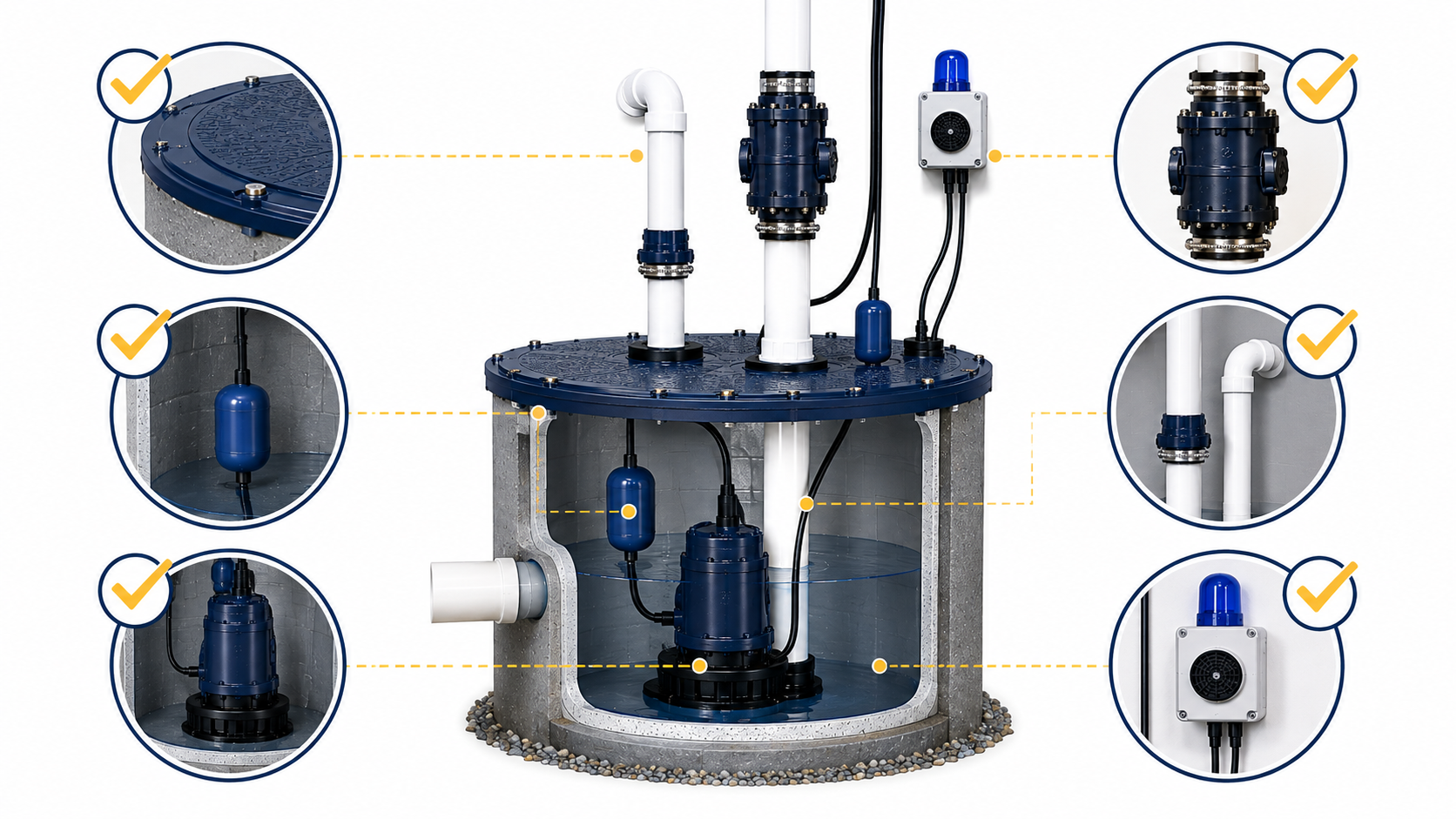 Sewage ejector pump preventive maintenance checklist graphic showing basin, pump, float, check valve, piping and alarm