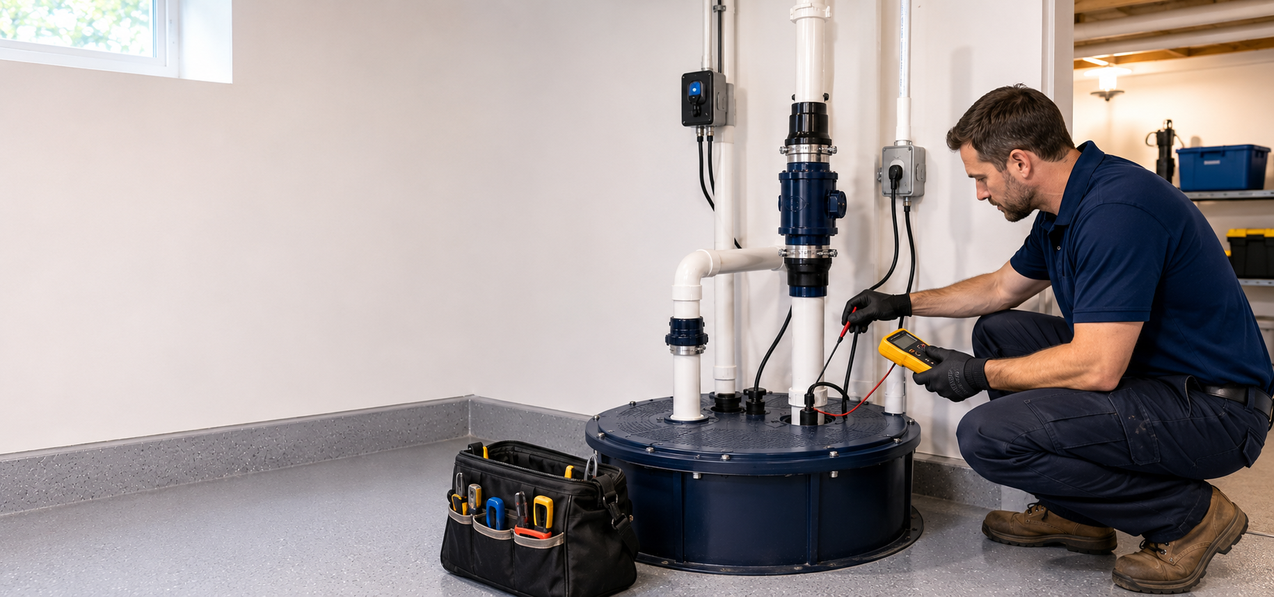 Plumbing technician diagnosing a residential sewage ejector pump system in a utility area
