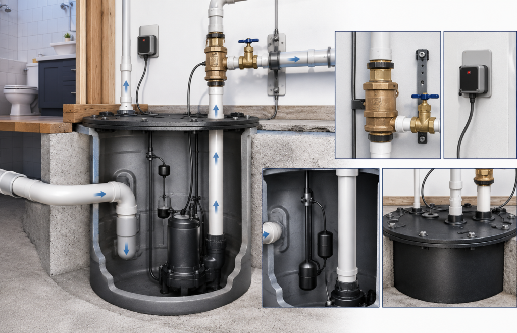 Diagram showing sewage ejector pump system components including basin, pump, float, check valve and alarm