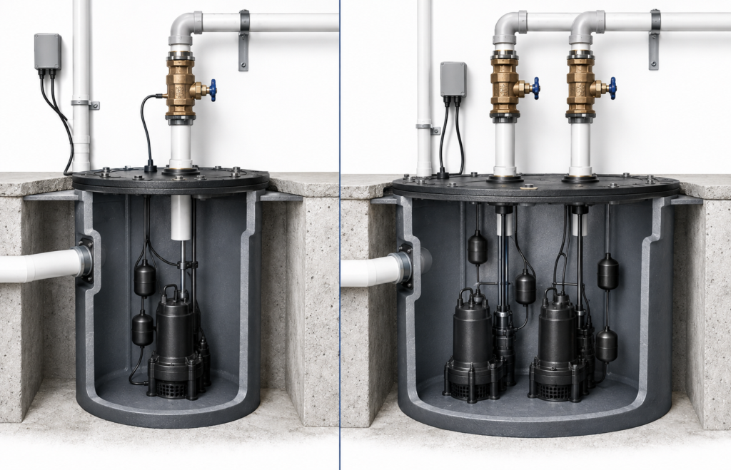 Comparison of simplex and duplex sewage ejector pump systems