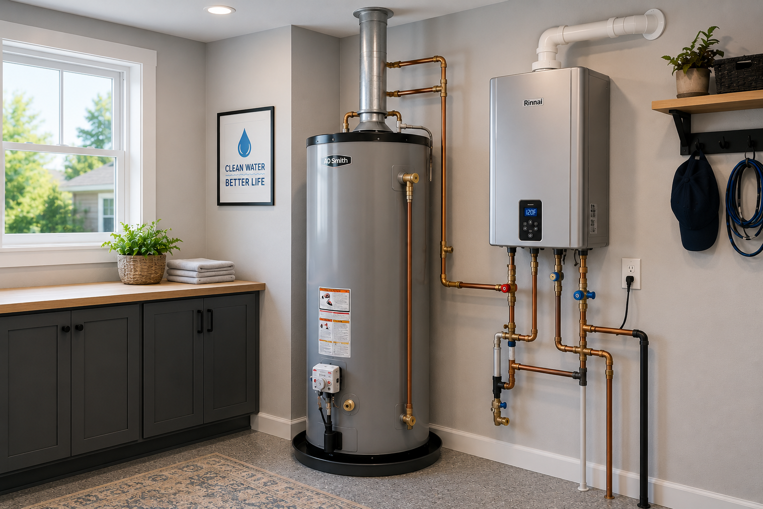 Tank and tankless water heaters installed in a clean utility room