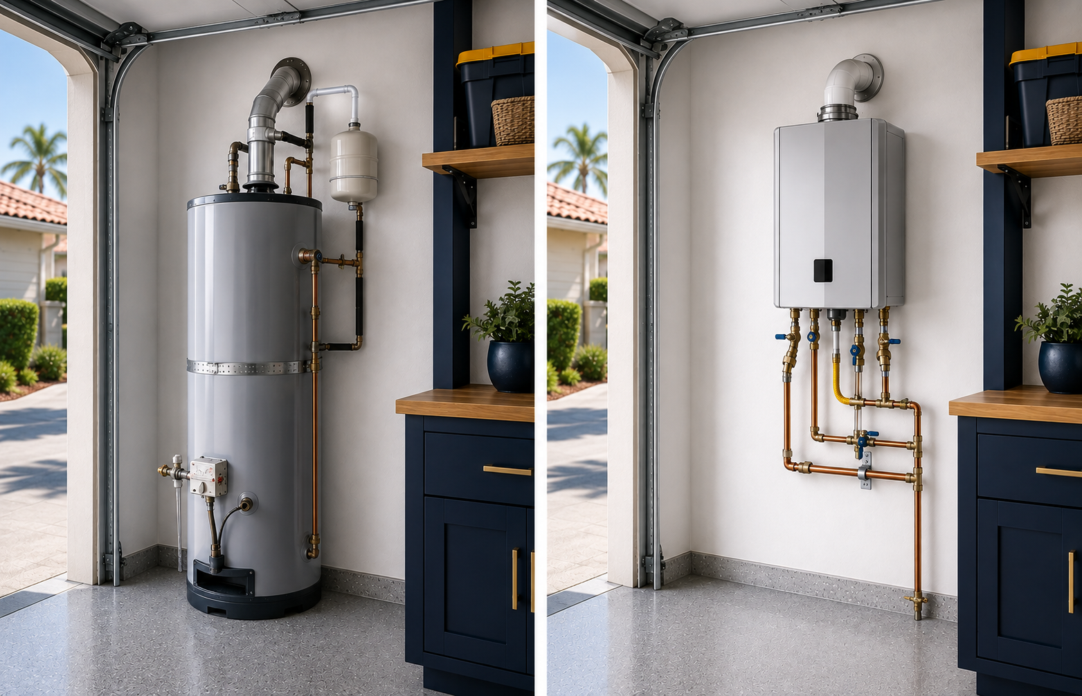 Side-by-side comparison of a storage water heater and a wall-mounted tankless replacement