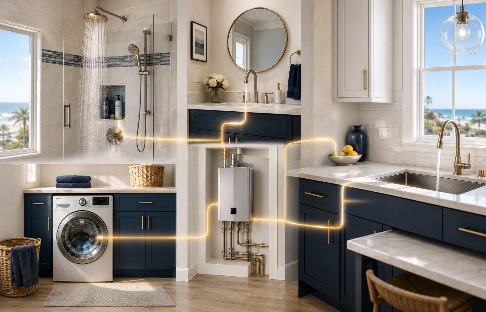 Household hot-water demand illustration connecting a tankless heater to shower, laundry and kitchen fixtures