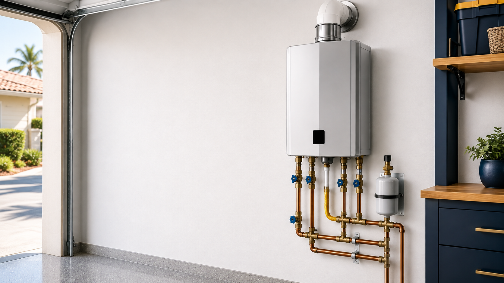 Professionally installed wall-mounted tankless water heater with accessible service piping