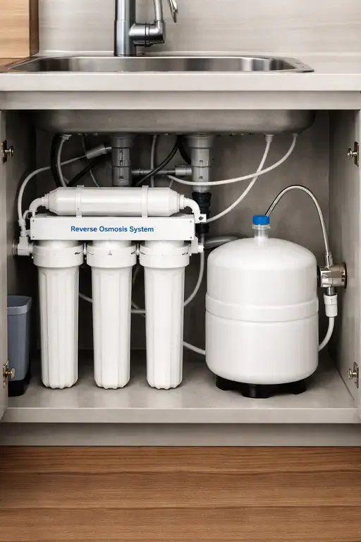 Replacement cartridges beside an under-sink water filtration system