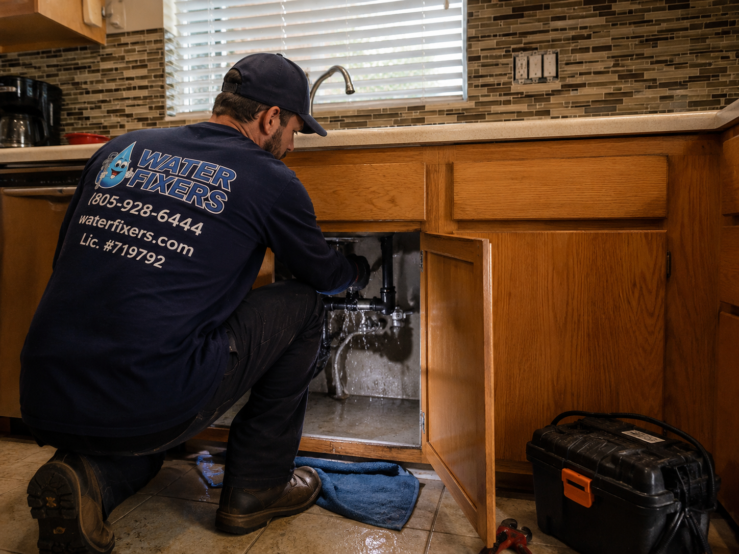 Water Fixers plumber repairing an active under-sink water leak