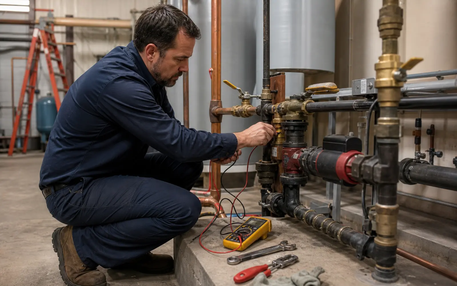 Commercial plumbing technician servicing plumbing equipment at a Central Coast business