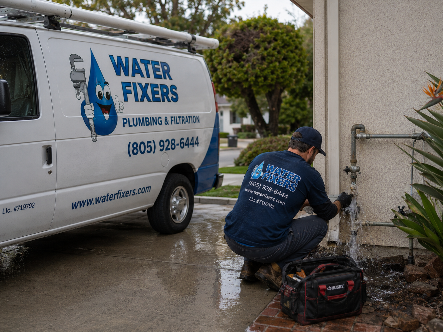 Water Fixers technician working at an exterior residential plumbing service point beside a service van