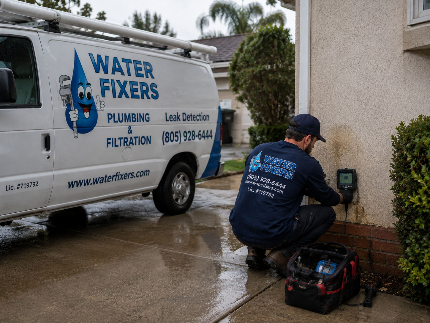Water Fixers technician performing residential leak detection on the Central Coast