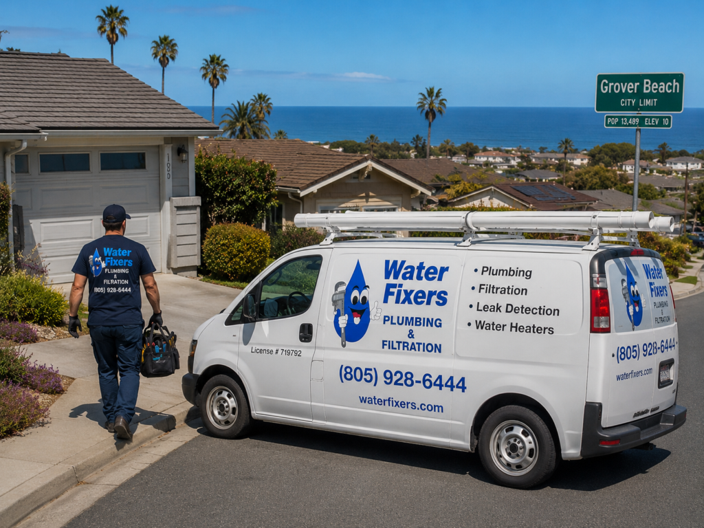 Water Fixers service van and technician in Grover Beach residential service context