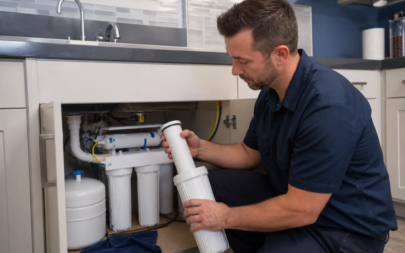 Technician replacing a filter in an under-sink reverse osmosis system
