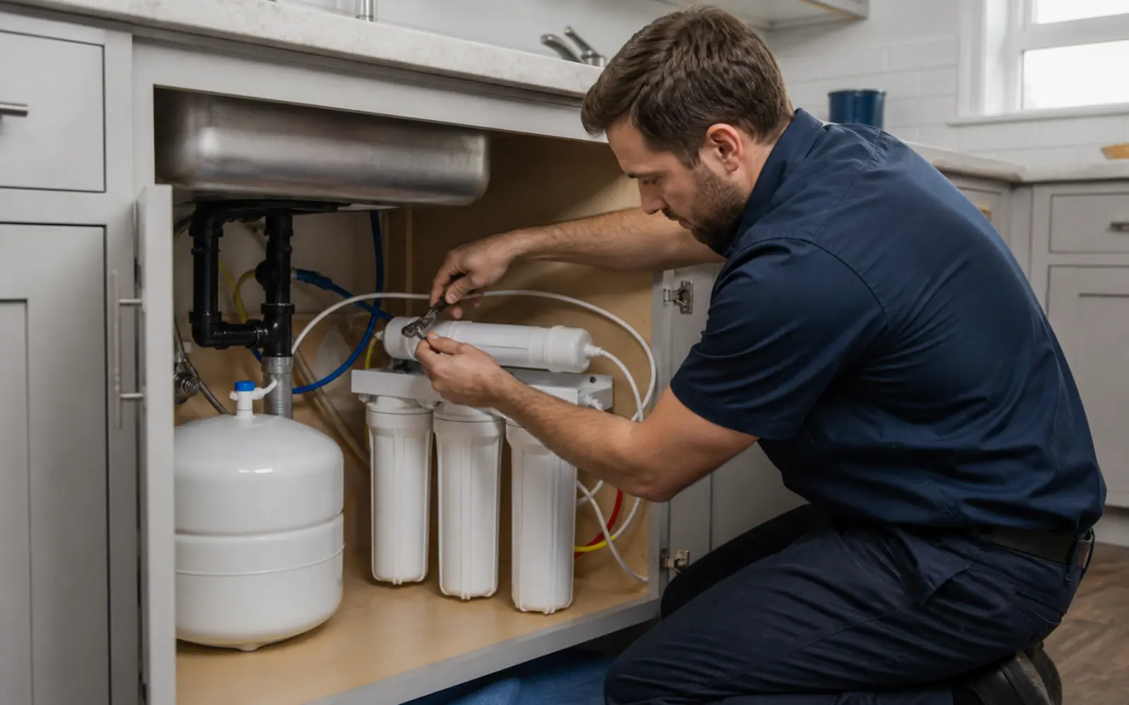 Technician installing an under-sink reverse osmosis drinking water system