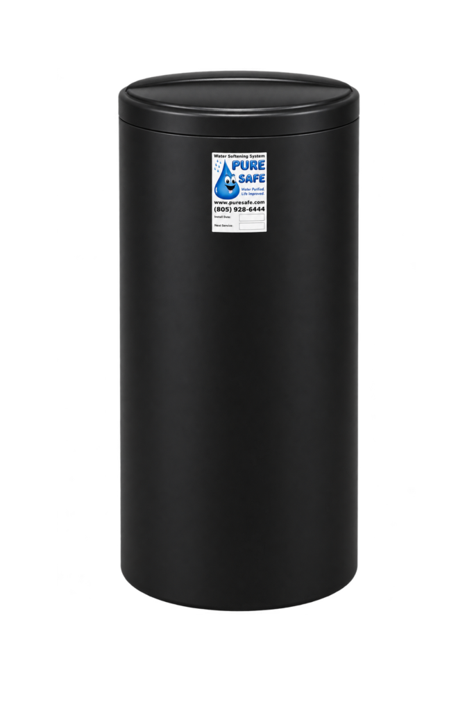 Round black brine tank that pairs with the SmartSoft water softener